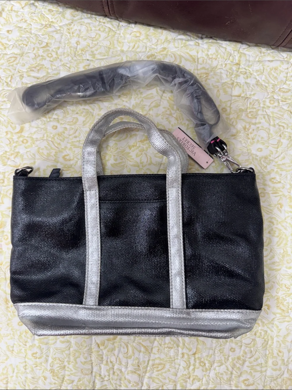 Victoria's Secret Black and Silver Metallic Trim Tote